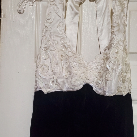 Vintage 80s Dillard's Satin and Velvet Evening Formal Dress Black/ White Size 9 - Picture 4 of 6